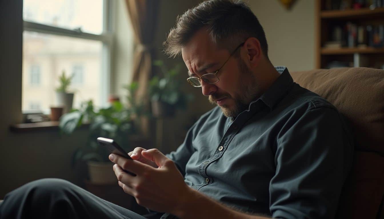 A man in his 40s sits alone in a cluttered room, scrolling on his phone with a tired expression. Young man using smartphone at home, casual lifestyle, modern interior, contemplative mood, stylish glasses, cozy sofa setting, natural light from window, relaxed posture, indoor leisure activity, contemporary home decor.