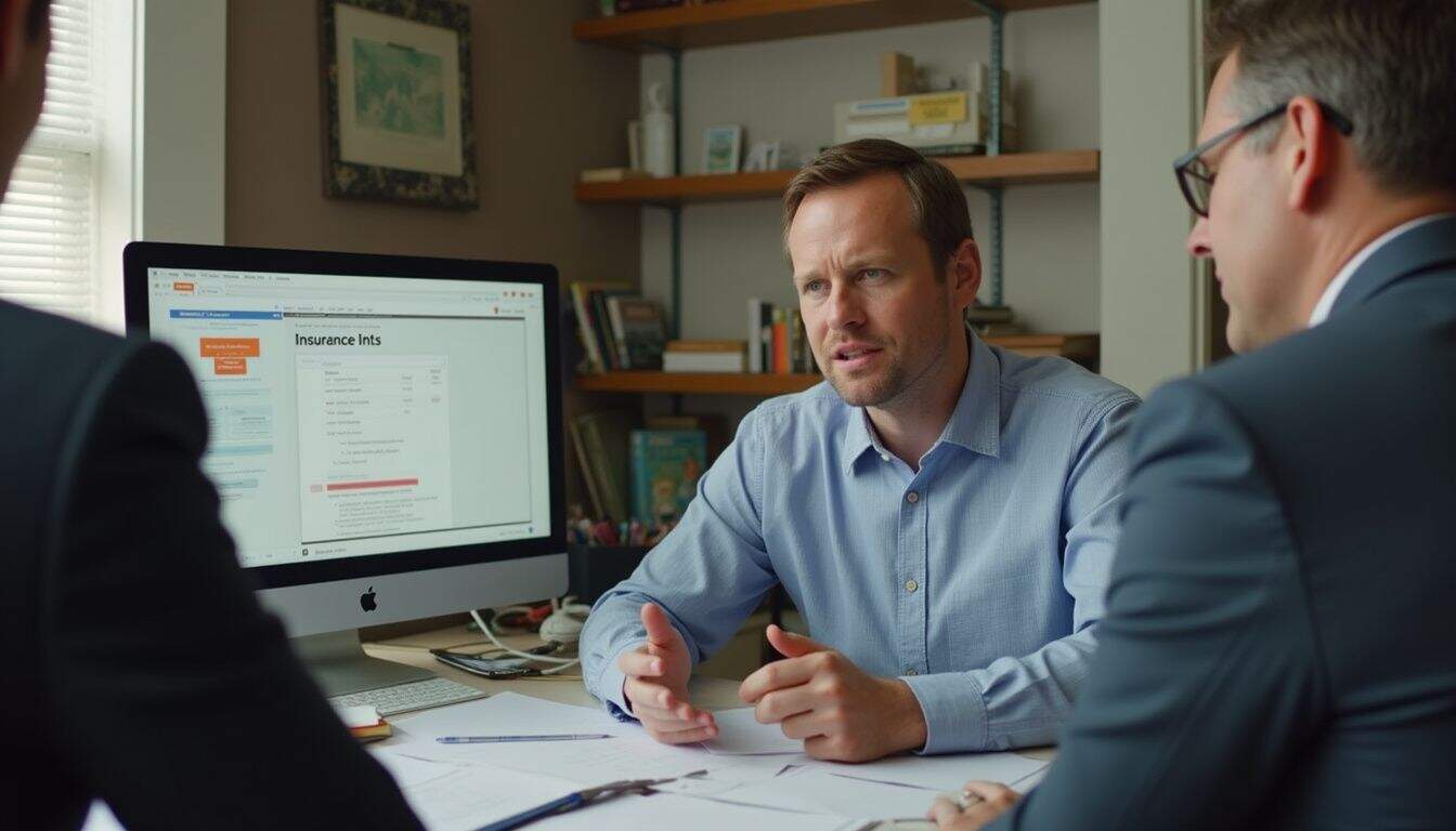 A man discusses insurance matters with a lawyer in a cluttered office setting. Confident man discussing insurance options with two professionals in an office setting.