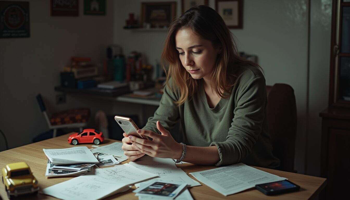 A woman in her 30s sits at a cluttered table, contemplating an incoming call from an insurance company. Phone with documents and toy cars on desk, woman using smartphone in home office, casual work environment, digital lifestyle, modern workspace, time management, professional tech use, freelance work, weekday home office setting, productive work from home setup.