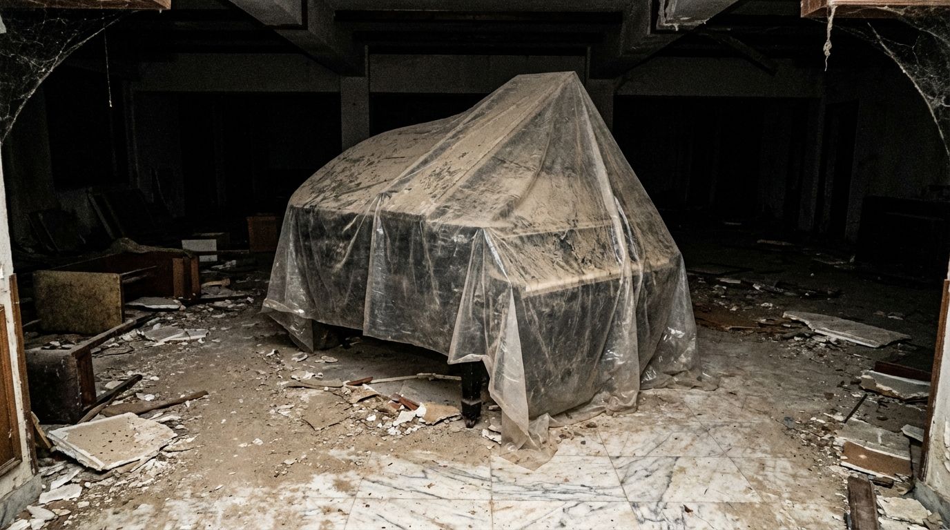 A grand piano wrapped in plastic sheeting sitting in a dusty, abandoned mansion room. A grand piano wrapped in plastic sheeting sitting in a dusty, abandoned mansion room.