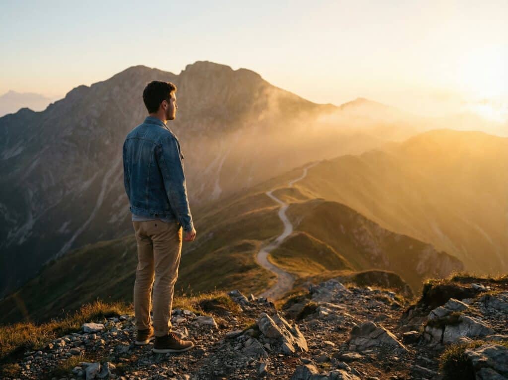 A man standing on a mountain trail overlooking scenic mountain ranges during sunset, embodying adventure, exploration, and outdoor lifestyle, with a focus on scenic nature and personal reflection.