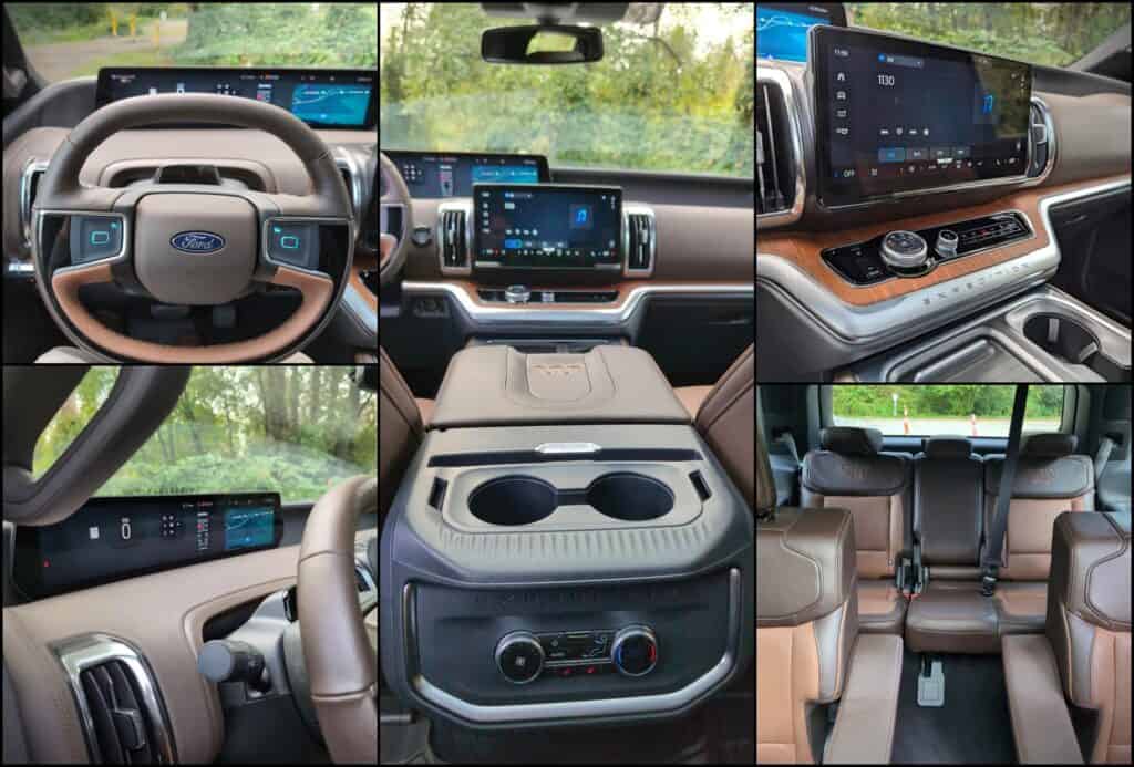 2025 Ford Expedition King Ranch Review 5 Interior of a luxury SUV featuring digital dashboards, touchscreen control panels, and plush tan leather upholstery.