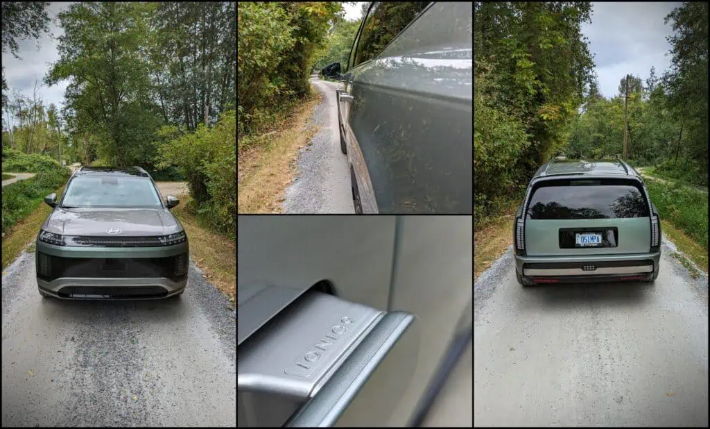 2026 Hyundai Ioniq 9 Preferred Ultimate Calligraphy Review 3 Close-up of car side with reflections, off-road gravel path, and rear view emphasizing design details and ruggedness.