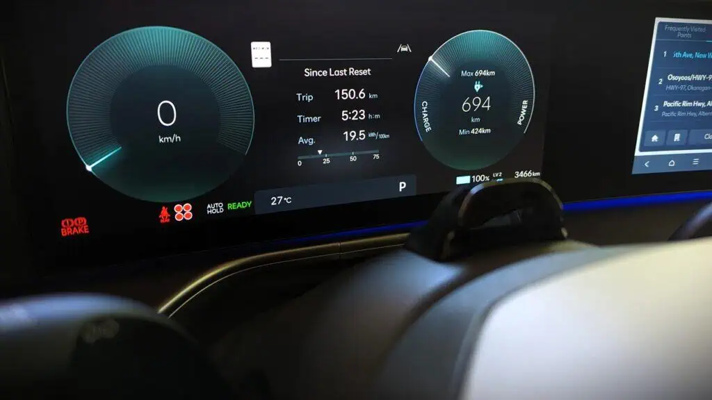 2026 Hyundai Ioniq 9 Preferred Ultimate Calligraphy Review 4 2026 Hyundai Ioniq 9 dashboard showing speed, range, trip distance, and battery status with digital display.