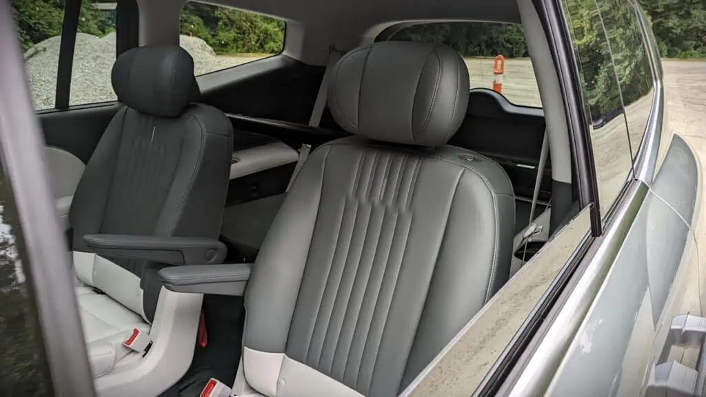 2026 Hyundai Ioniq 9 Preferred Ultimate Calligraphy Review 13 High-quality leather car seats featuring adjustable headrests and armrests for passenger comfort.