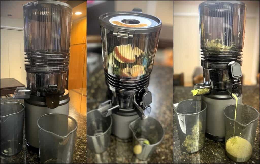 Portable juicer with fresh fruits for nutritious beverages and easy clean-up.