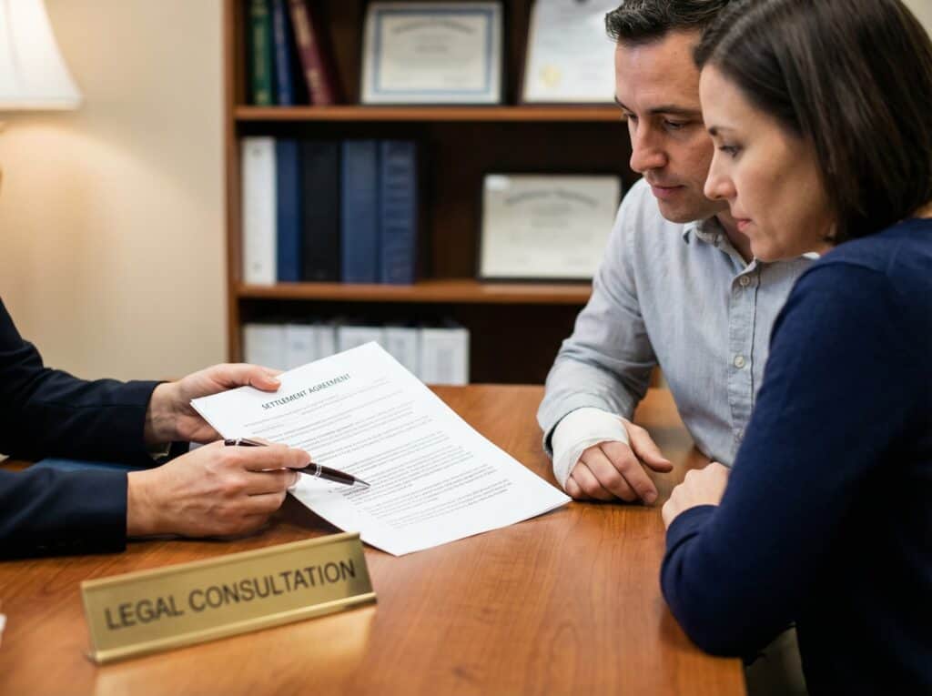Navigating Family Life After a Car Accident: A Recovery Guide 3 A couple consulting a lawyer about legal settlement agreements.