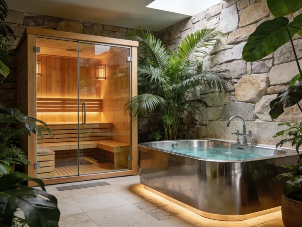 The Rise of the Luxury Fitness Ecosystem: Tech, Recovery, and the Future of Wellness 2 A luxurious indoor sauna with wooden interior and glass doors paired with a sleek metal hot tub in a serene, stone-walled spa setting surrounded by lush green plants.