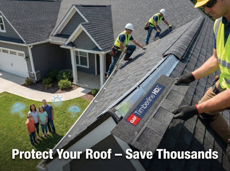 Professional roofing crew inspecting and installing shingles on a residential home roof for durability and protection.