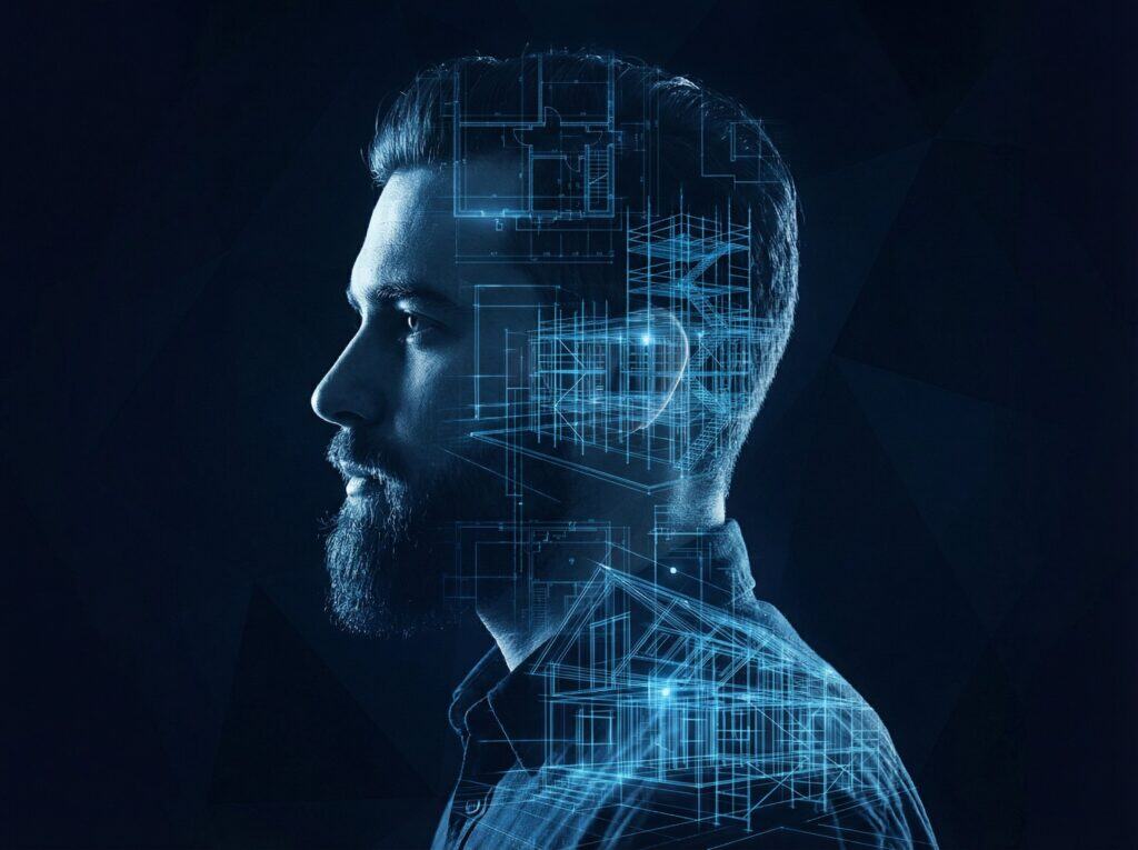 Futuristic digital male profile with engineering blueprints overlay, representing innovation, technology, and intelligence for modern men's lifestyle content.