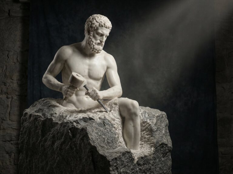 A detailed marble bust of a Greek man sculpting, showcasing classical artistry and craftsmanship.