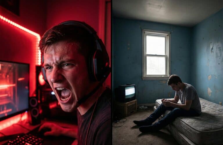 A young man intensely playing video games in a vibrant, red-lit gaming setup on the left, contrasted by a lonely teenager sitting on an old mattress in a sparse, neglected room on the right.