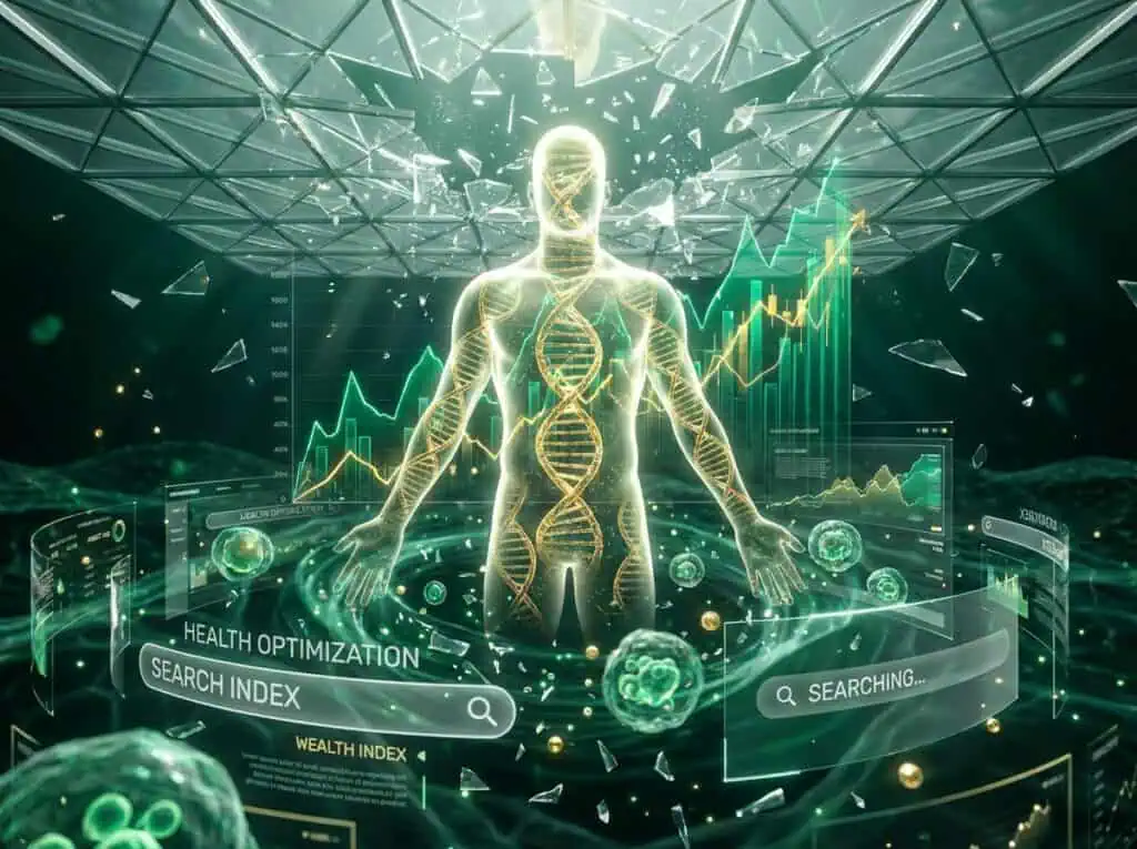 Futuristic digital human with DNA strands and health data visualization.