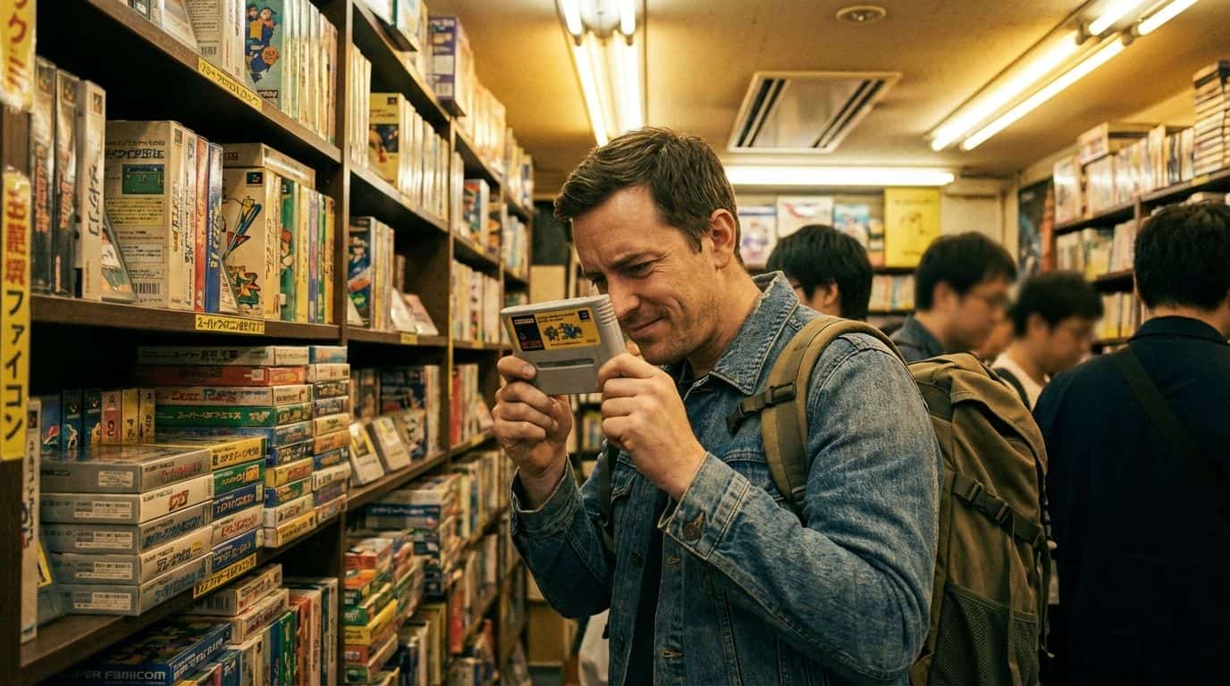 A man with a backpack shops for vintage video games at an arcade or game shop, highlighting gaming nostalgia and collecting classic video games, retro entertainment, and gaming hobby.