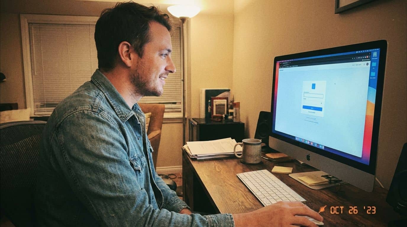 A relaxed user sitting at a desk, smiling while using the video editing tool. Modern workspace with man using desktop computer, highlighting remote work and digital tasks.