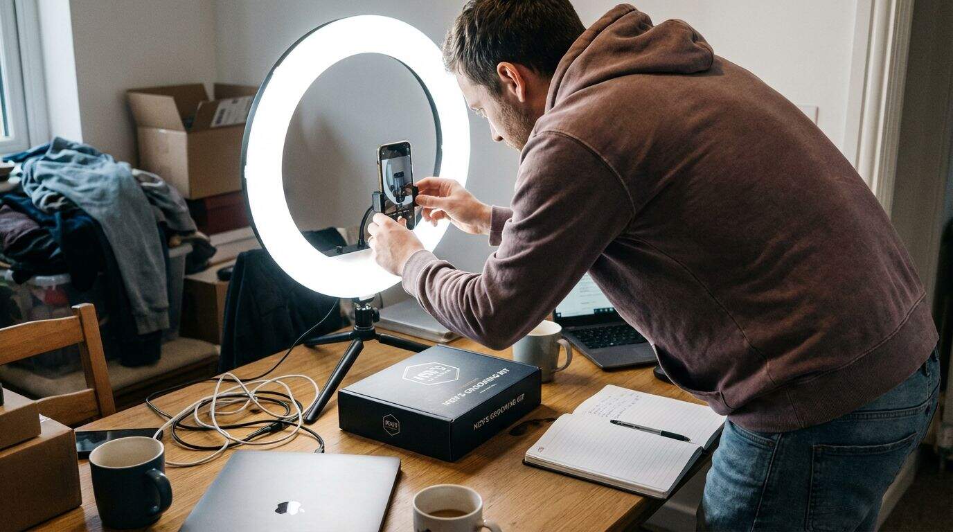 A content creator filming a product video with a smartphone and ring light. High-quality image of a man taking a selfie using a ring light and smartphone, capturing a modern indoor workspace with notebooks, laptop, coffee mugs, and boxing equipment on the table, emphasizing content creation and personal branding.