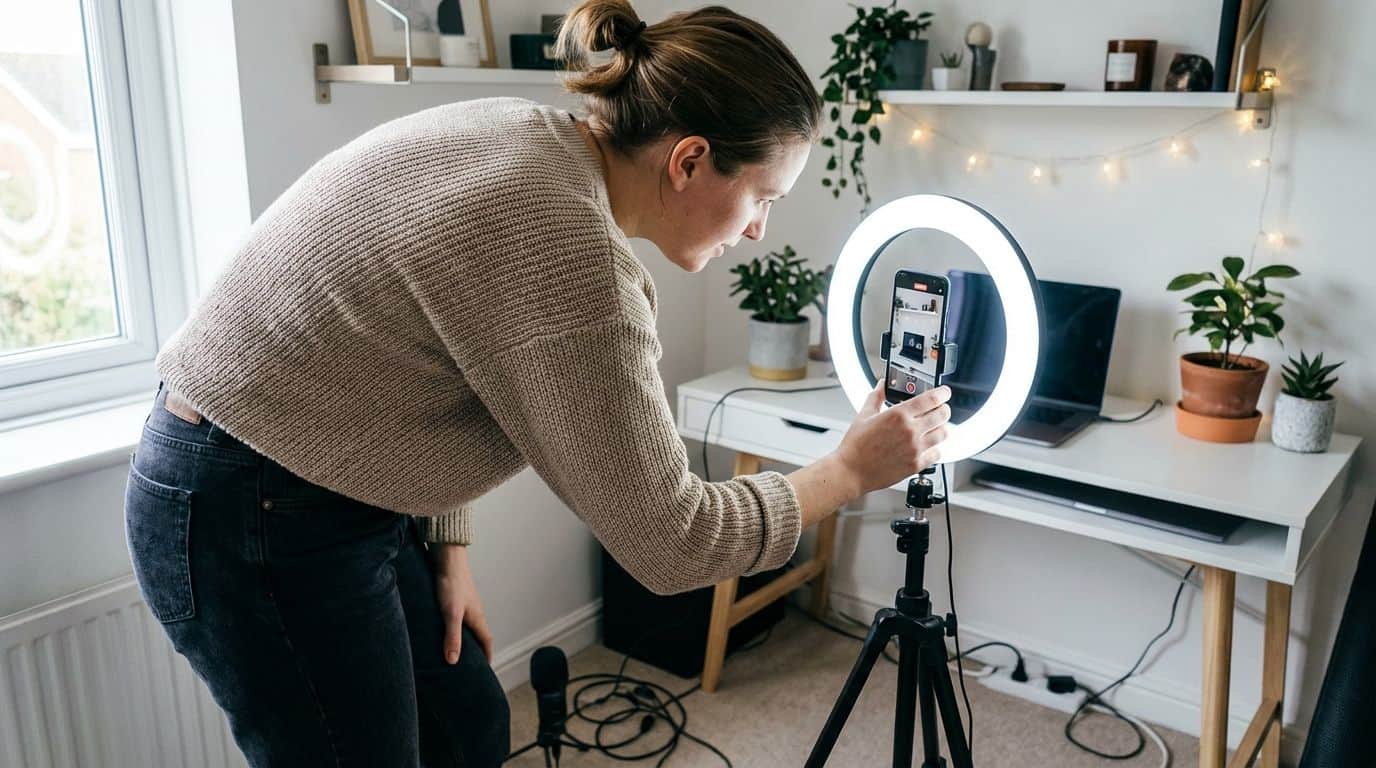 The main subject setting up a ring light and smartphone to record a social media video. Selfie ring light setup for content creation.