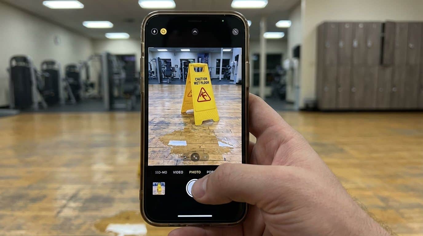 First-person view of a hand holding a phone taking a picture of a gym hazard. First-person view of a hand holding a phone taking a picture of a gym hazard.