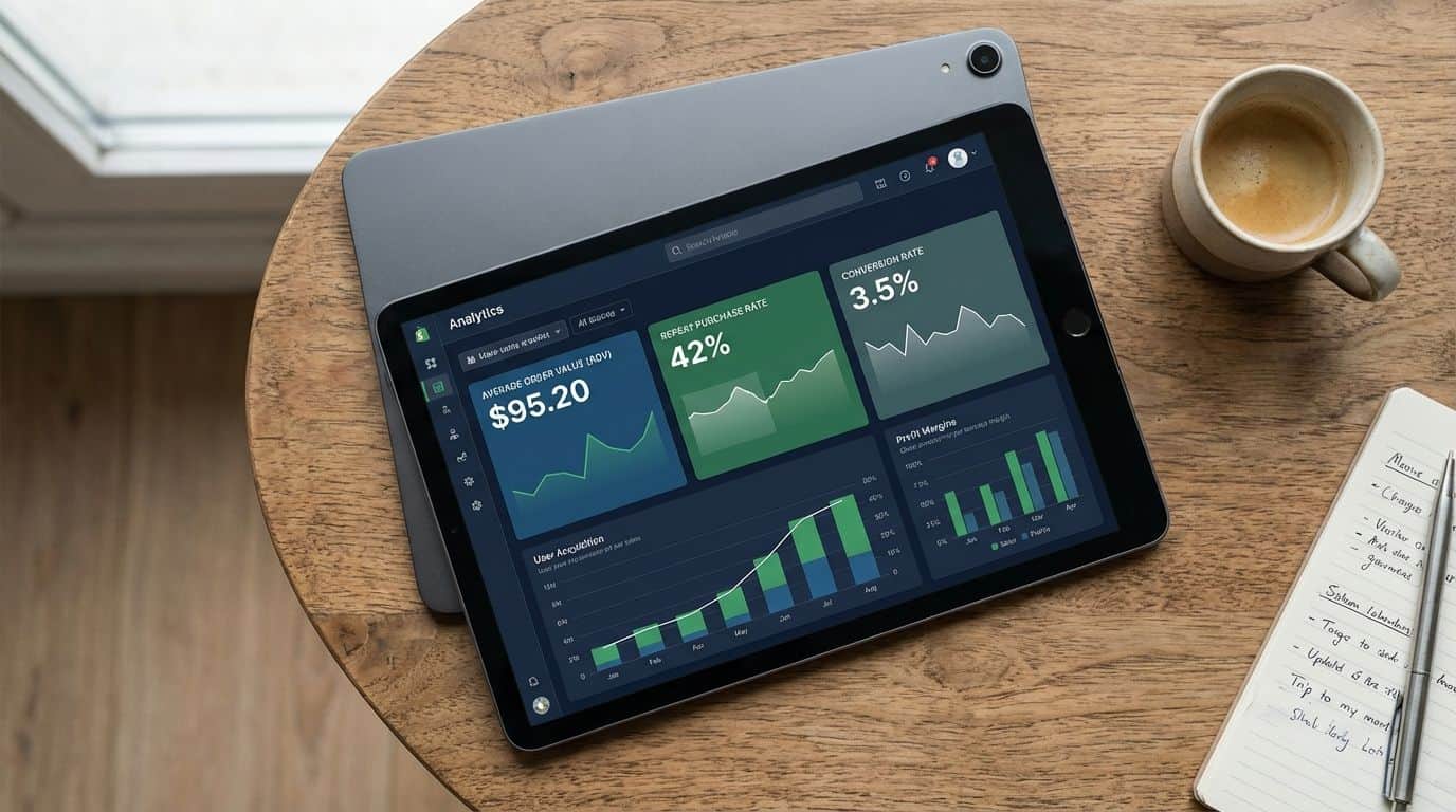 A tablet displaying an analytics dashboard with key e-commerce metrics. Modern digital business analytics dashboard on a tablet with charts and graphs, emphasizing data insights and financial metrics.
