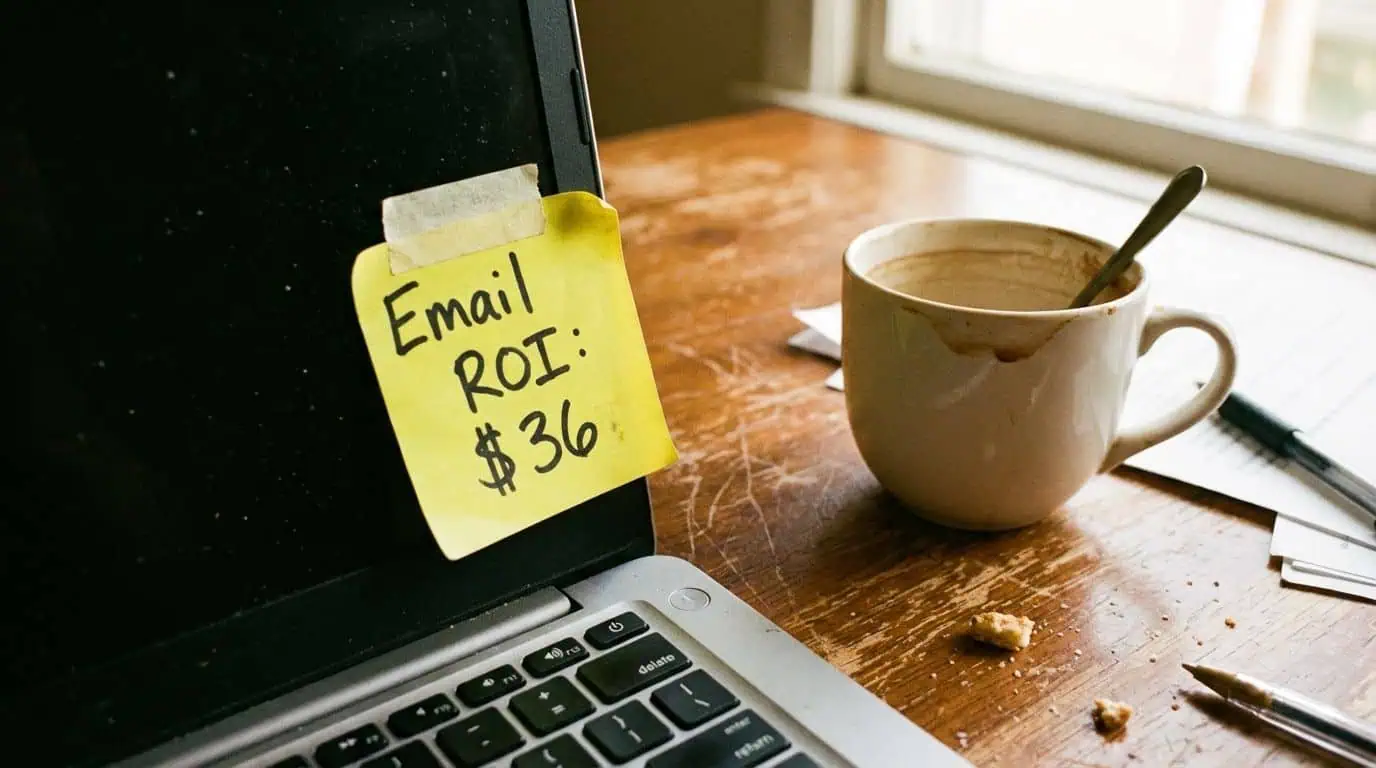 A handwritten sticky note on a laptop showing the high return on investment for email marketing. Achieve record ROI on email marketing with strategic campaigns. Explore tips for boosting email ROI and effective digital marketing on Unfinished Man.