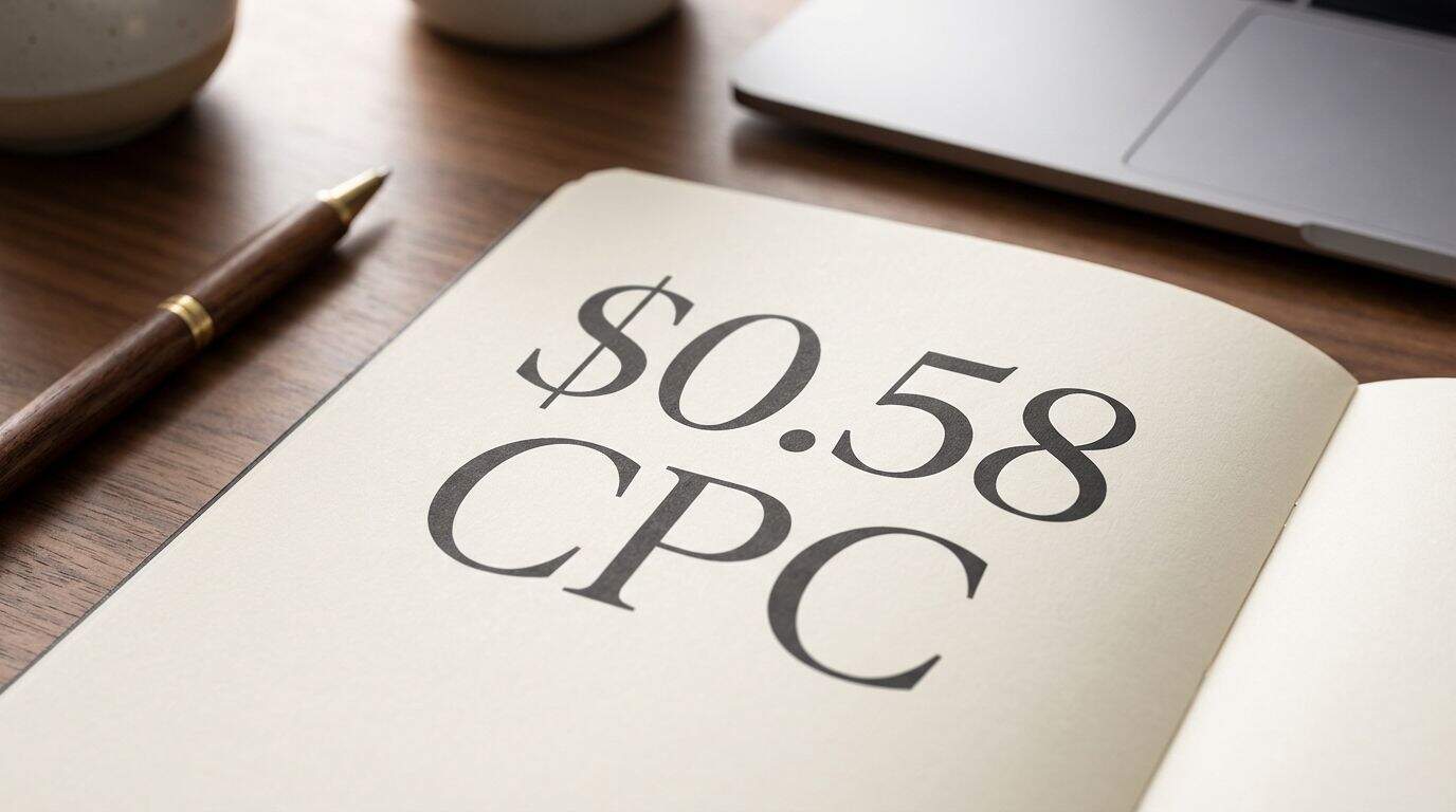 A note or digital display showing the average Facebook Ad cost per click of $0.58. Optimized image for saving money and budgeting strategies, emphasizing low-cost expenses, finance management, and frugal living. Perfect for readers interested in personal finance and cost-saving tips.