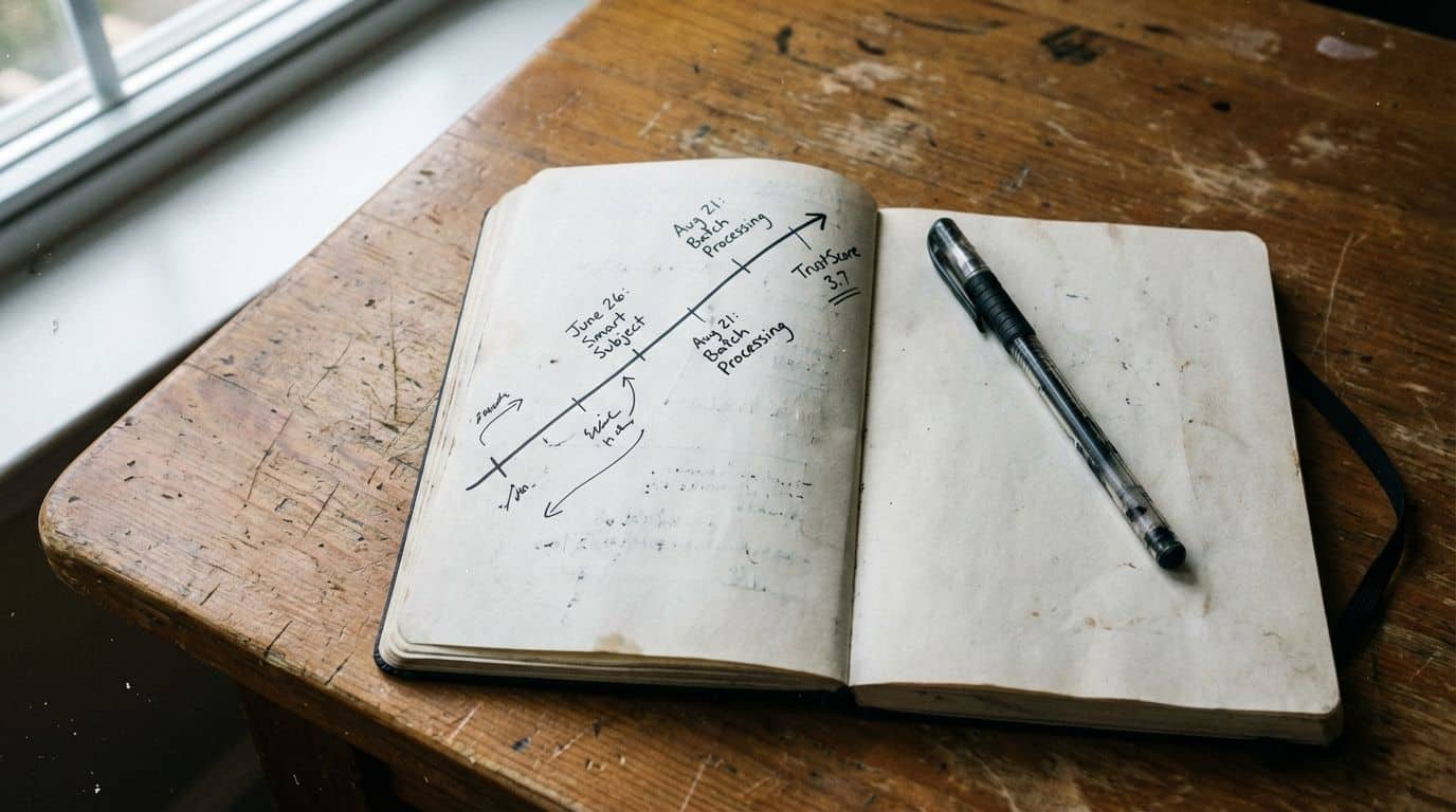 A journal open on a wooden table showing a handwritten project timeline and goals for August 2021, accompanied by a black pen, symbolizing planning and organization.