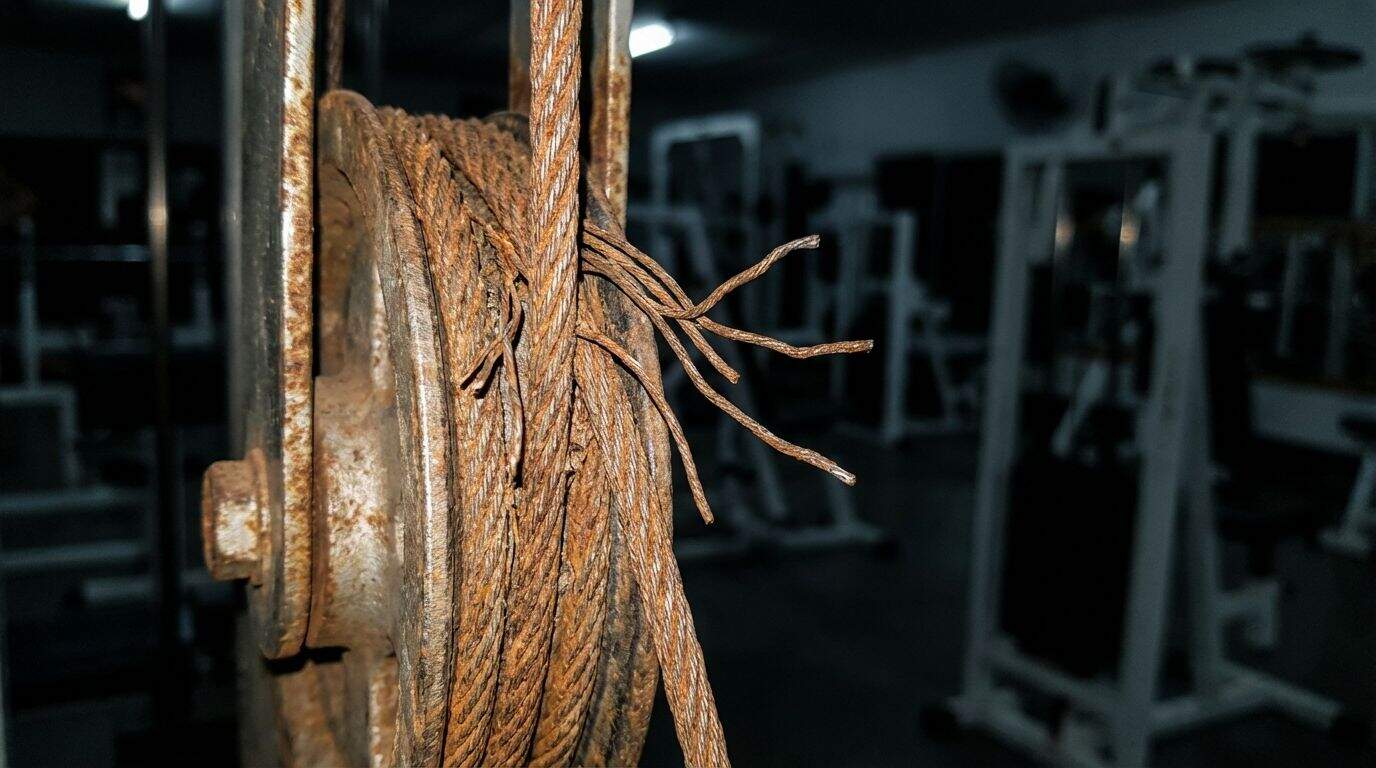 Close-up detail of a dangerous, frayed steel cable on a gym machine. Close-up detail of a dangerous, frayed steel cable on a gym machine.