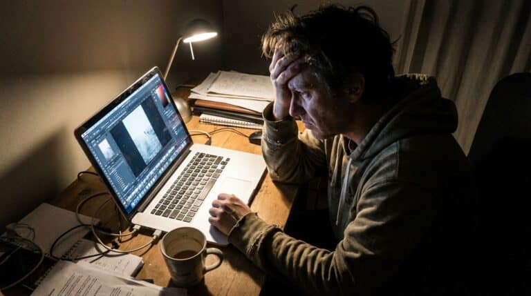 Man stressed while working on a computer at night, surrounded by notebooks and coffee, highlighting work fatigue, mental exhaustion, and late-night productivity struggles.