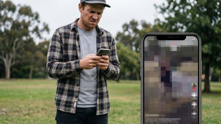 Older man browsing phone in park with trees.