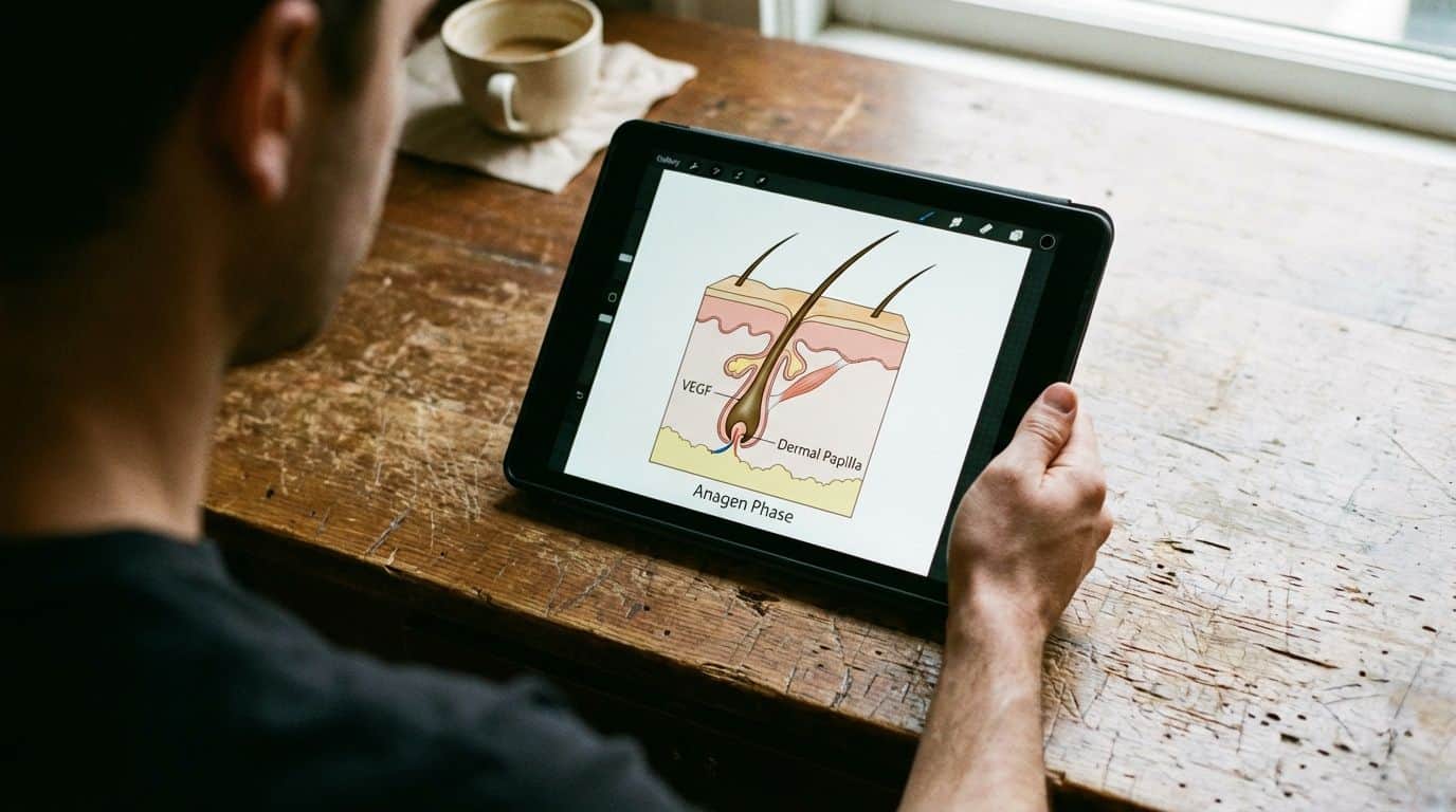 A photo of a tablet screen displaying a diagram of a hair follicle influenced by VEGF. A photo of a tablet screen displaying a diagram of a hair follicle influenced by VEGF.