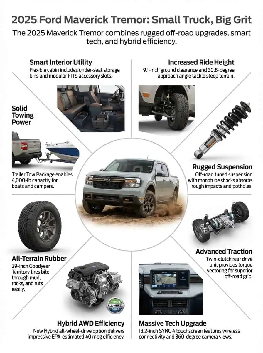 2025 Ford Maverick Tremor Review Reliable off-road pickup truck with hybrid tech, enhanced suspension, and smart interior features for rugged performance.