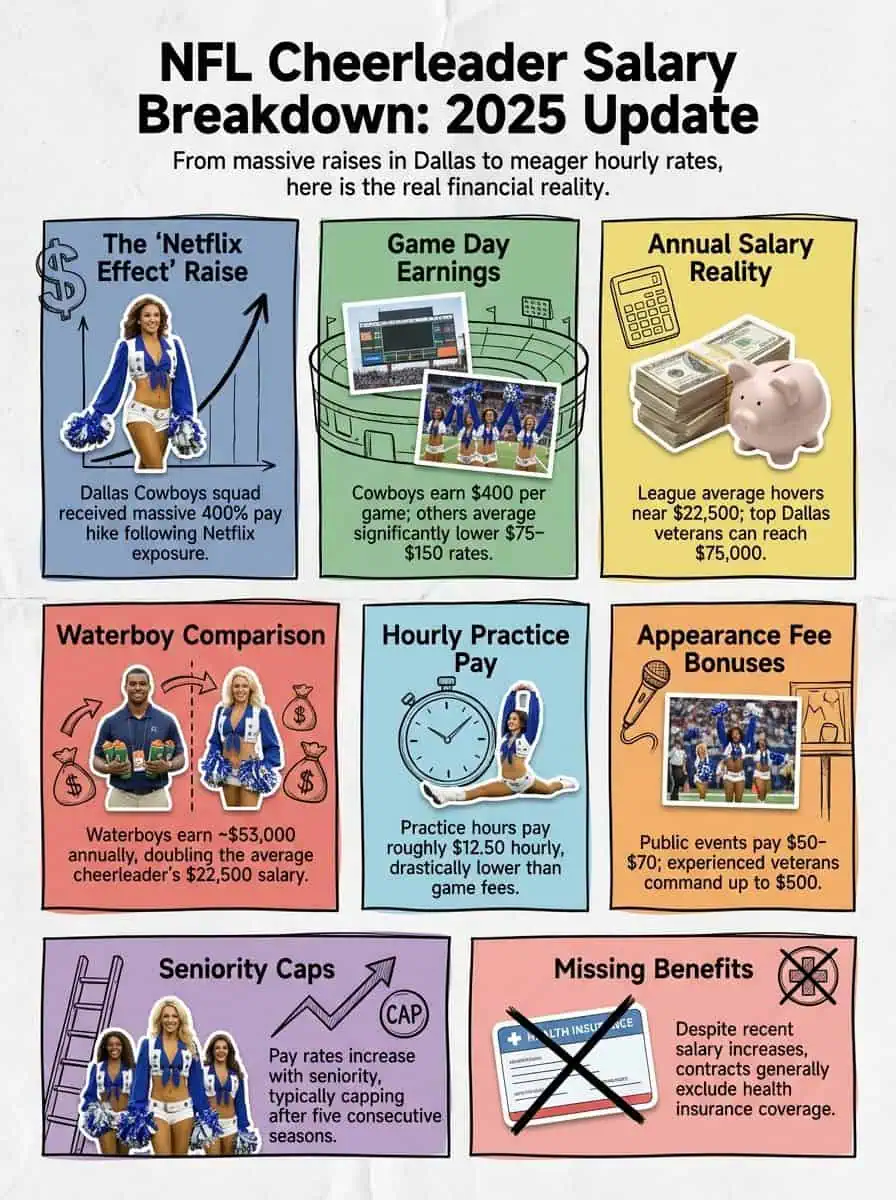 Infographic highlighting cheerleader salaries, game day earnings, and related financial facts for NFL cheerleaders in 2025.