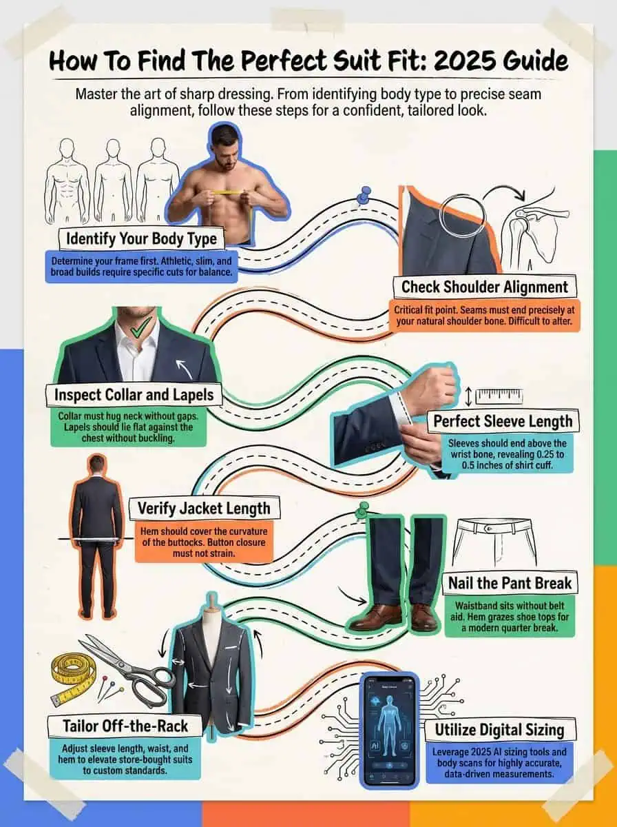 Ideal for men's style and fashion, showcasing tailored suit fitting tips, shoulder and sleeve measurements, and digital sizing tools for professional, sharp dressing.