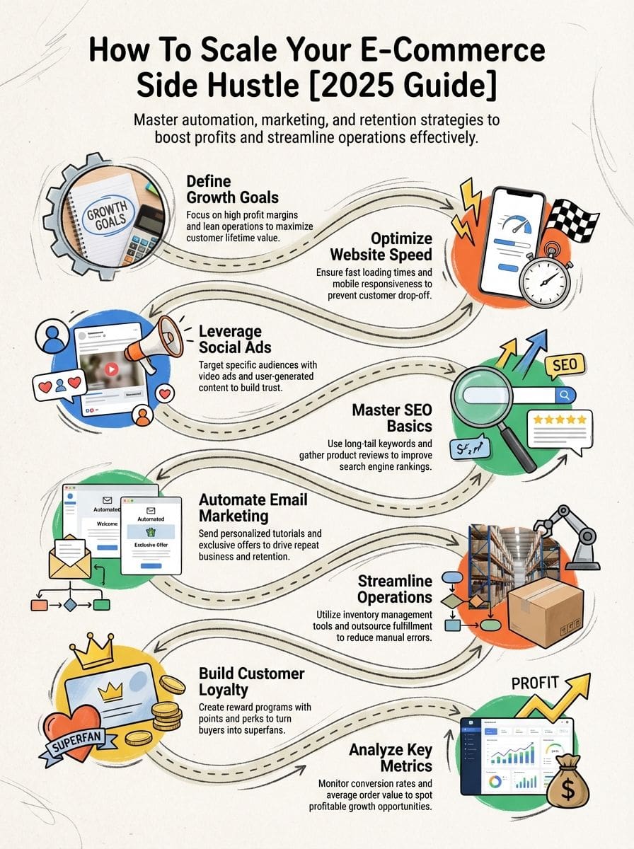 An infographic on scaling e-commerce, focusing on goals like speed, SEO, social media ads, automation, and analytics to boost profits and streamline operations for online businesses.
