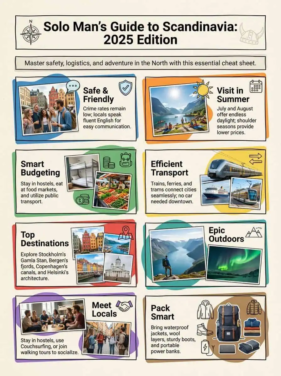 A guide to solo travel in Scandinavia with safety, budget tips, and top destinations, featuring outdoor adventures, efficient transport, and local connections for an epic Scandinavian adventure.