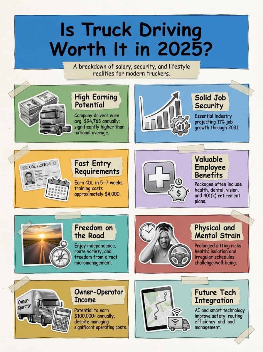 A detailed infographic highlighting salary, security, and lifestyle realities for modern truckers, including earning potential, job security, entry requirements, employee benefits, independence, stress factors, owner-operator income, and future tech trends.