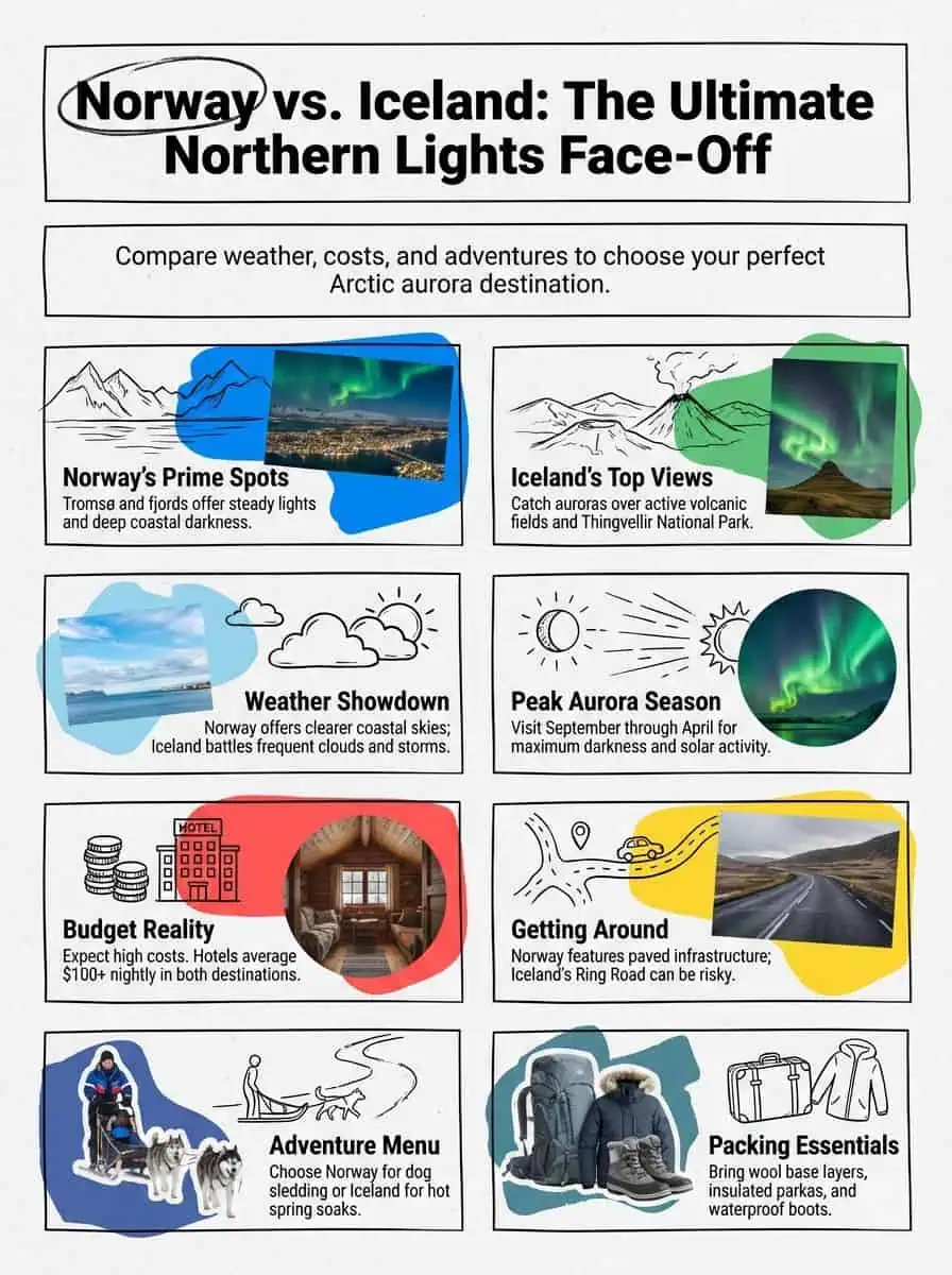 Vivid images of Norway and Iceland showcasing iconic aurora borealis scenery for winter travel enthusiasts.