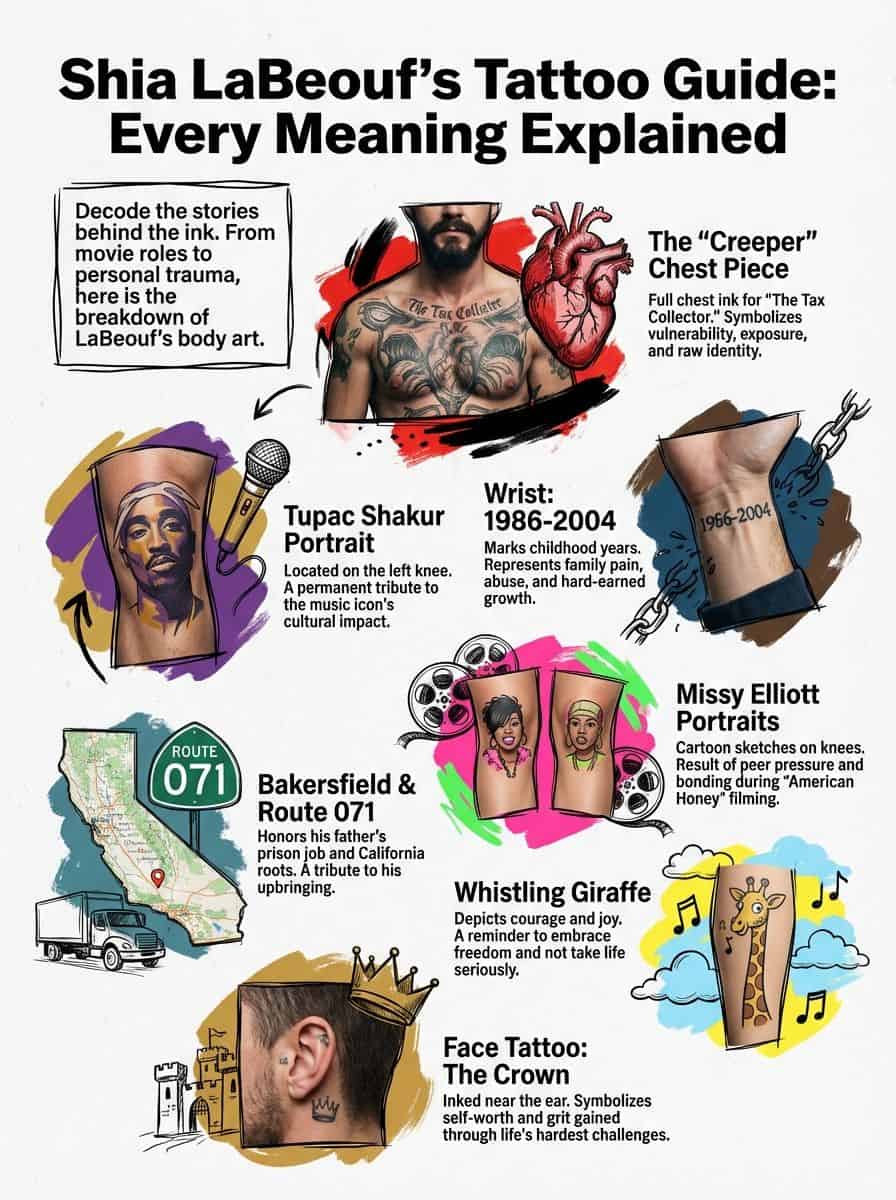 Detailed illustration of various tattoos and their meanings, including famous portrait and symbolic designs, highlighting storytelling through body ink.