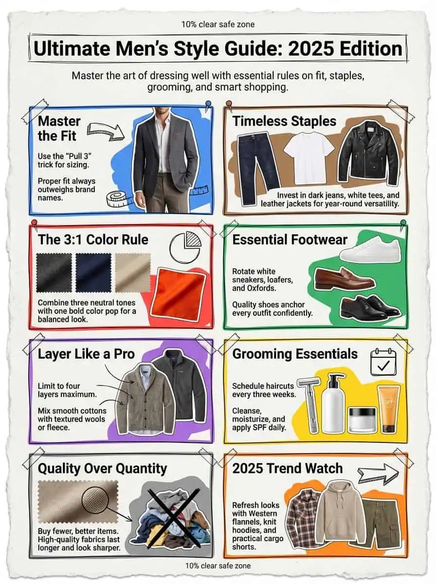 Stylish men's fashion tips for 2025 including fit, timeless staples, color rules, essential footwear, layering, grooming, quality focus, and trend insights.