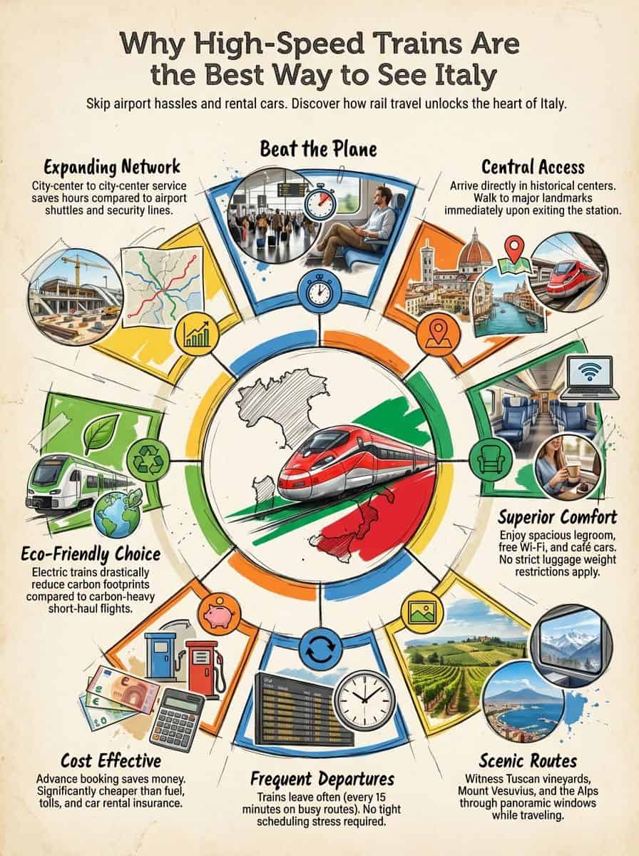 Efficient, eco-friendly high-speed train travel in Italy, connecting major cities with comfort, scenic routes, and cost-effective, eco-conscious options for exploring Italy’s beauty.