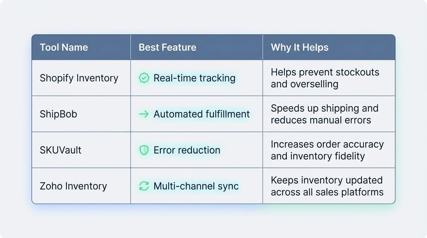 A comparison table showing features of various inventory management tools. Comprehensive inventory management solutions with real-time tracking, automated fulfillment, error reduction, and multi-channel sync to optimize stock control and sales.