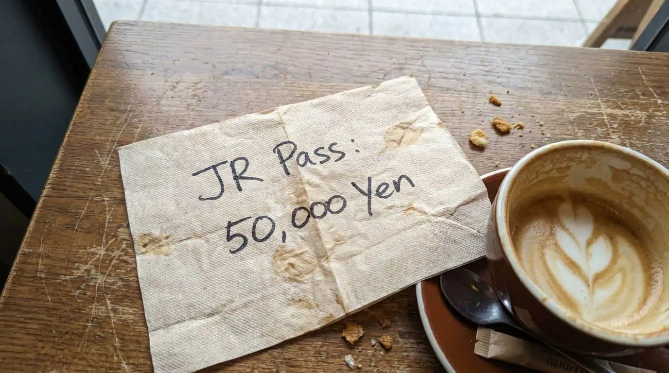 A handwritten note on a napkin reads "JR Pass: 50,000 yen" alongside a coffee cup, representing travel budget planning at a cozy cafe.