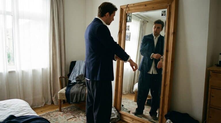 Reflections of stylish man in bedroom mirror preparing for formal event.