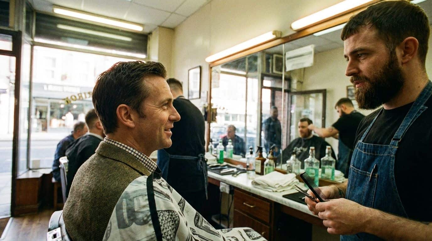 A man sitting in a barber chair having a conversation with his barber. A man sitting in a barber chair having a conversation with his barber.
