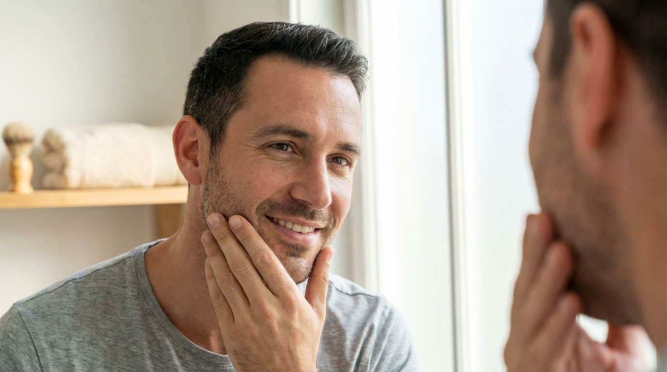 Close-up of a man touching his smooth cheek after shaving. Close-up of a man touching his smooth cheek after shaving.
