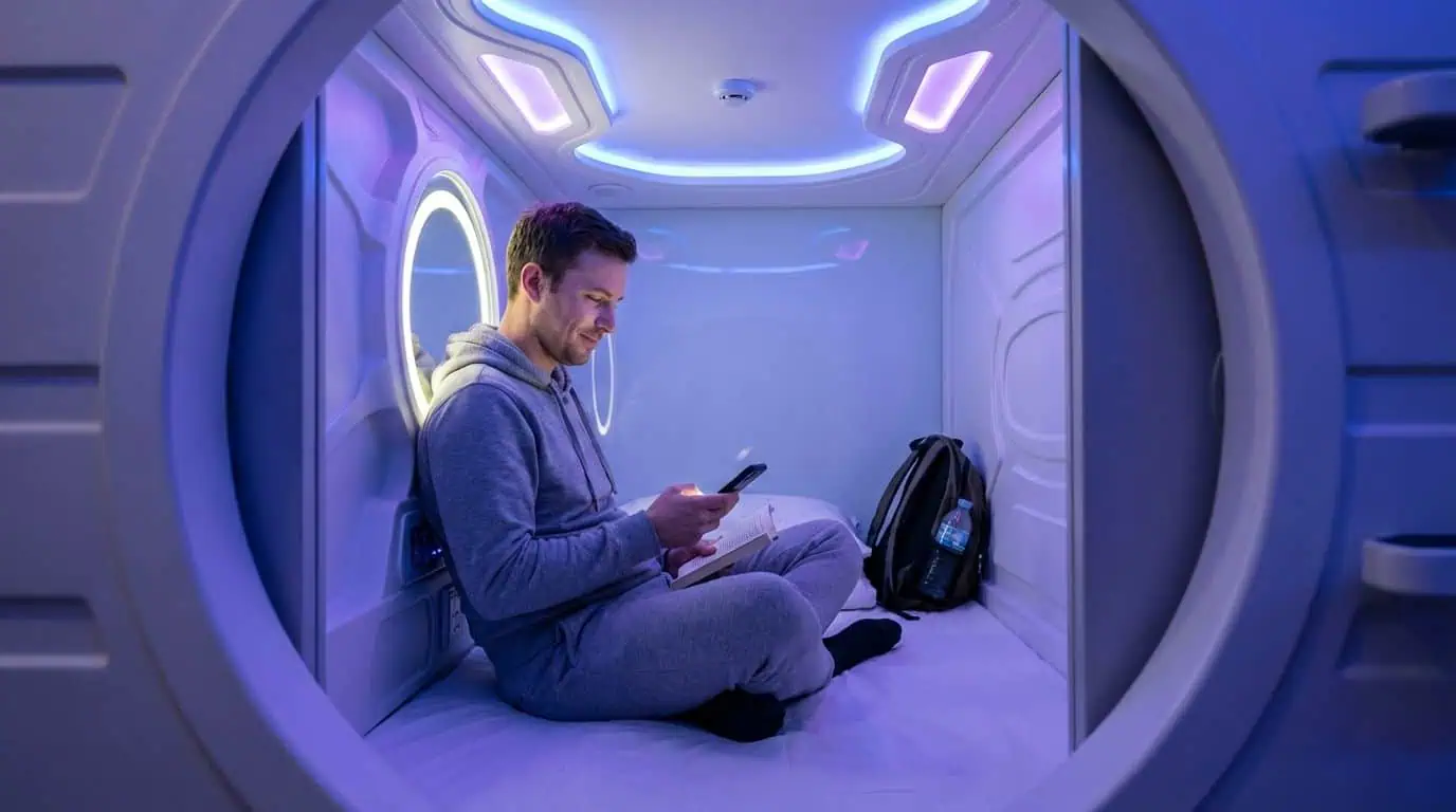 Young man using smartphone in modern capsule with ambient blue lighting, relaxing during travel or work in a private, innovative space.