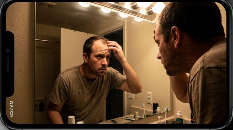 Close-up of a man examining his thinning hair in a bathroom mirror, emphasizing hair loss and grooming concerns.
