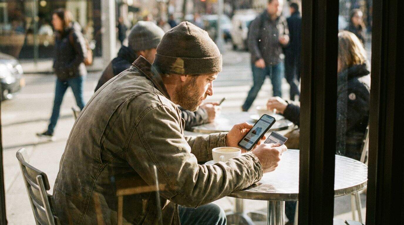 A man casually shopping on his smartphone while sitting in a coffee shop. Man using smartphone at cafe with busy city street background.