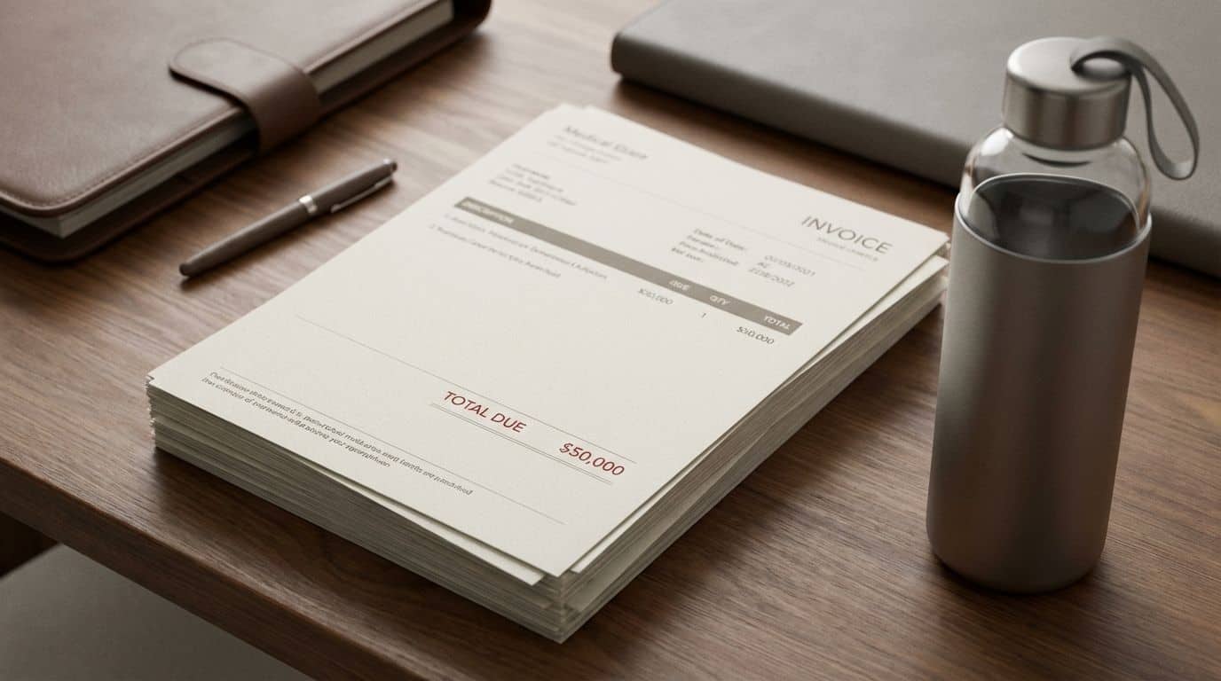 A medical bill on a desk showing a high cost amount. A medical bill on a desk showing a high cost amount.