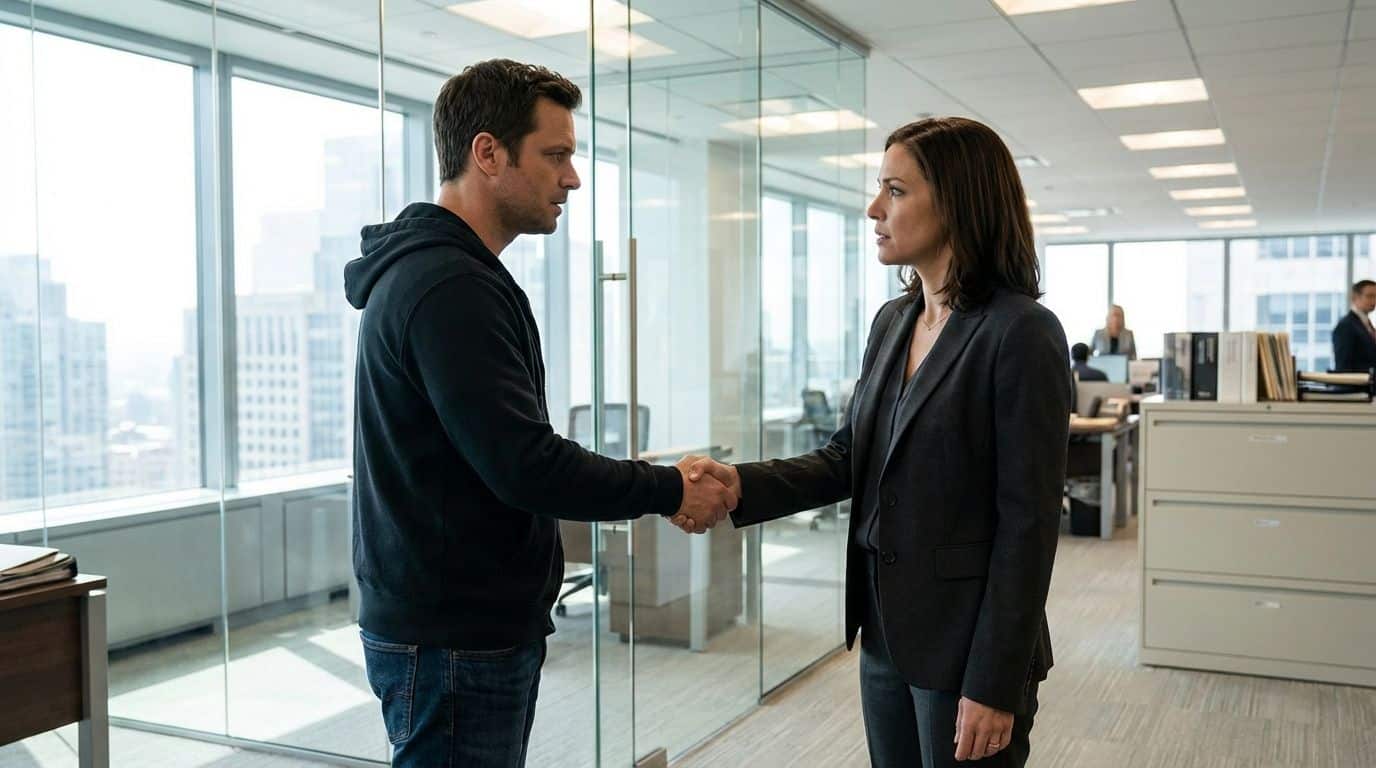 The gym-goer shaking hands with a professional lawyer in an office setting. The gym-goer shaking hands with a professional lawyer in an office setting.